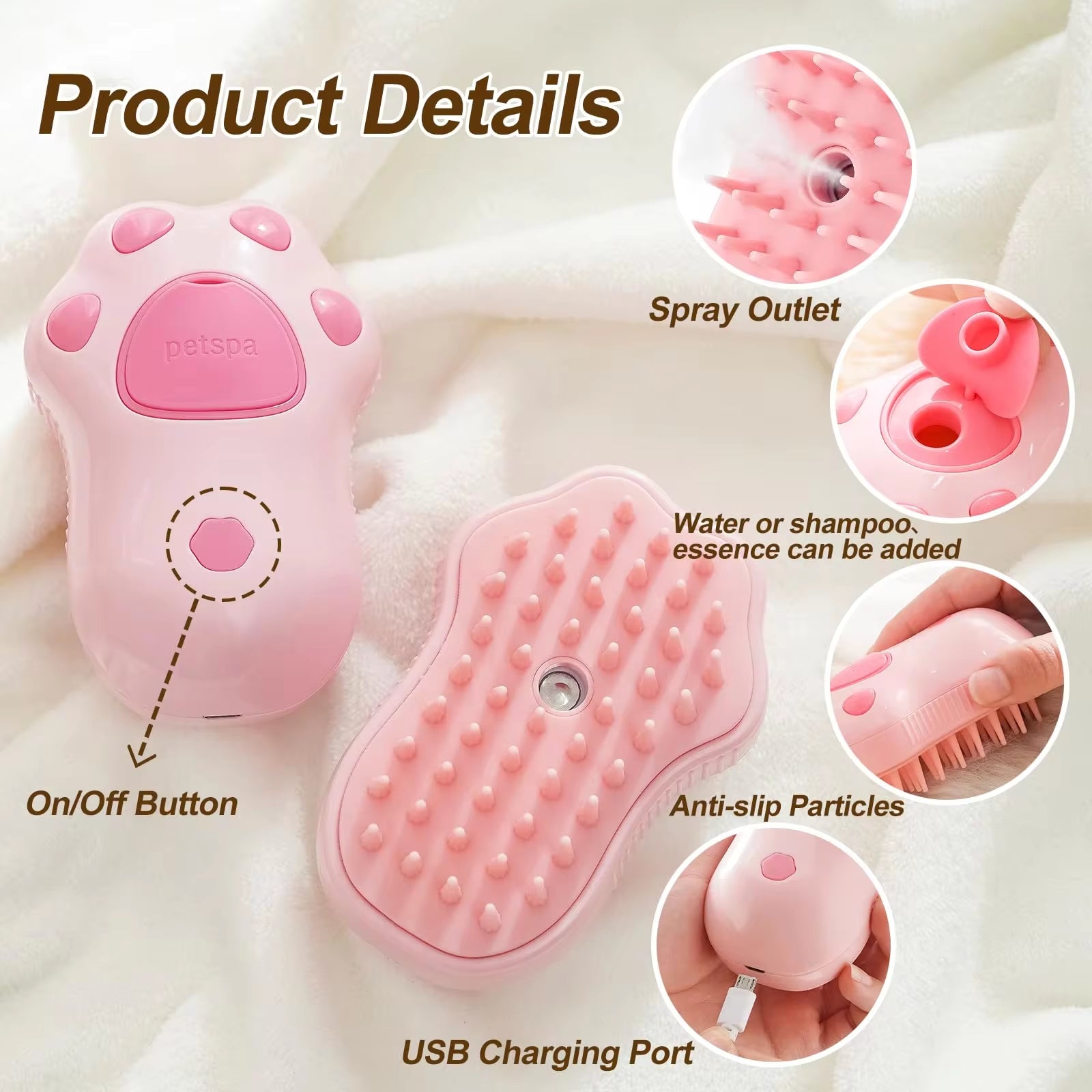 Steaming cat brush. Easy hair removal with massage like texture and feel.